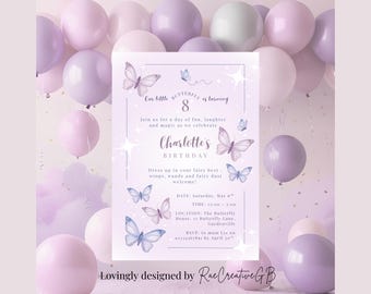 May include: A birthday invitation with a butterfly theme, featuring the text "Our little butterfly is turning 8". The invitation is surrounded by pastel purple, lavender, and white balloons. The invitation includes the name "Charlotte's Birthday".