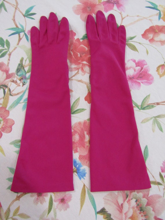 Vintage Fuchia Pink Purple Nylon Evening Gloves--… - image 1