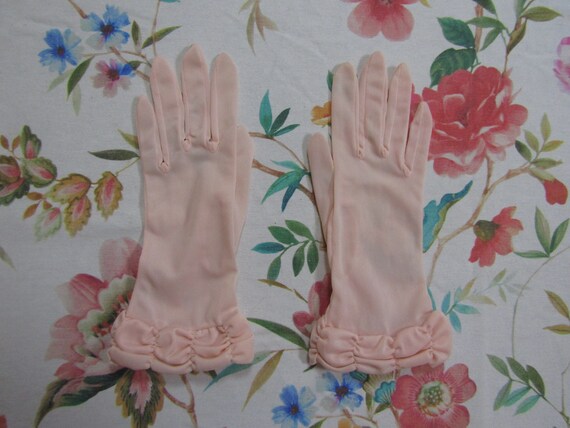 Vintage Baby Pink Nylon Gloves with Ruched Cuffs-… - image 1