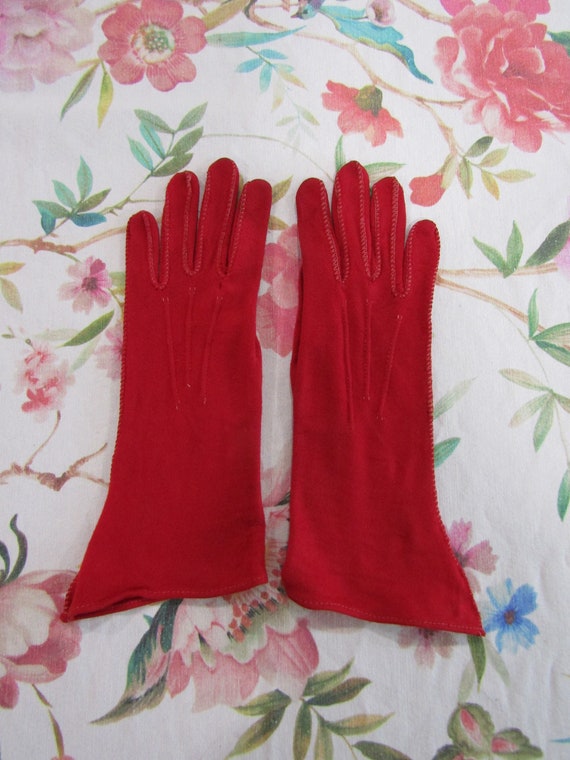 Vintage 1940's Deep True Red Rayon Gloves--10" Br… - image 1