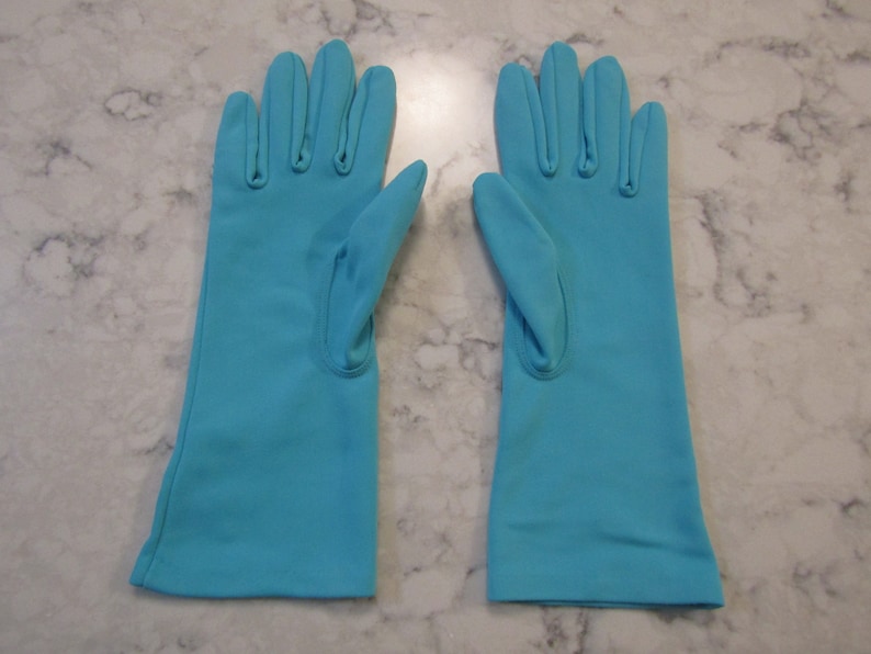 Vintage NOS New Unworn Dead Stock Turquoise Blue Nylon Gloves---10 long--Size 6 12 to 7 Glove Auction 543--1219