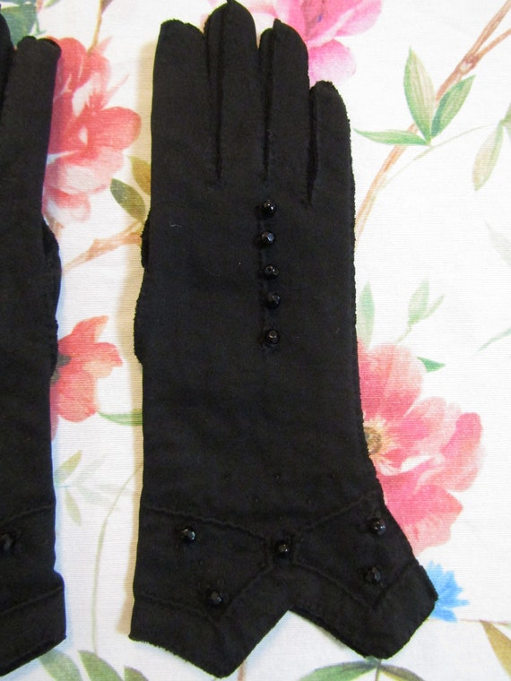 Vintage Black Cotton Beaded Scalloped Cuffed Gaun… - image 2