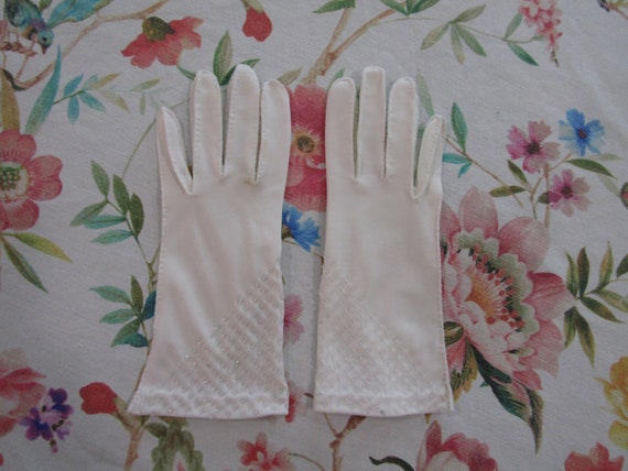 Vintage White Nylon Evening Gloves with Clear See… - image 1