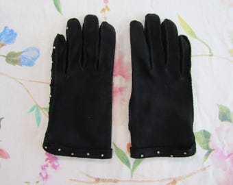 Luvas de noite vintage de algodão preto: comprimento do pulso com strass, tamanho 6