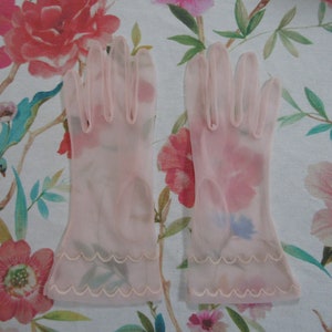 Vintage Sheer Blush Pink Embroidered Chiffon Gloves---9" Bracelet Length---Size 6 to 6 1/2  -Glove Auction #20,014--1020--6666