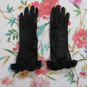 Vintage Sheer Black Chiffon Gloves with Ruffles--10&quot; Bracelet Length--Size 6 to  6 1/2 --Glove Auction #20,012--1020--6666