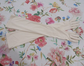 Vintage Ivory/ White/ Cream Nylon Gloves--23" Opera Length---- Pearl Buttons---Size 6 1/2 --Glove Auction #3565--0424
