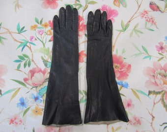 Gants en cuir italien noir vintage pour enfants---Pre-Owned----14" Longueur du coude---Lavable---Taille 6 1/2--Enchères #3166-0923