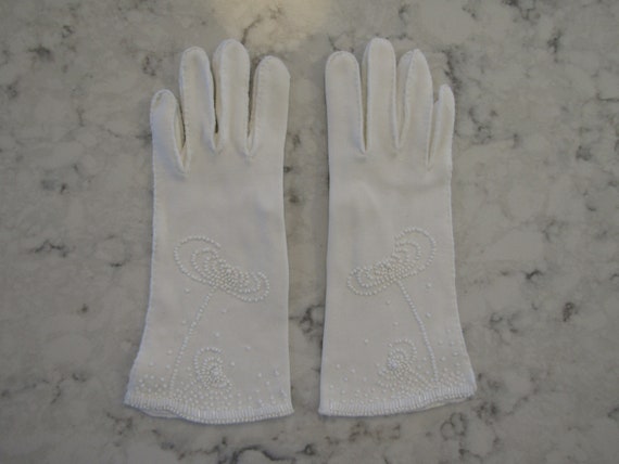Vintage White-on-White Beaded Nylon Evening Glove… - image 1