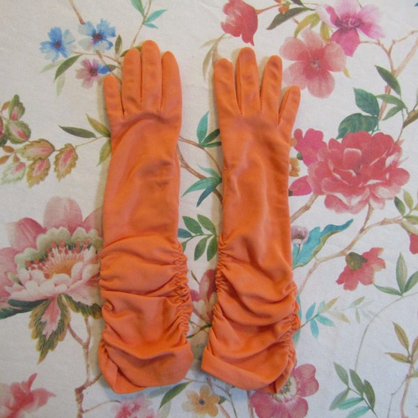 Vintage Orange Nylon Ruched Scrunchy Nylon Gloves --13" Bracelet Length ---Size 7 1/2 --Glove Auction #2067-0123