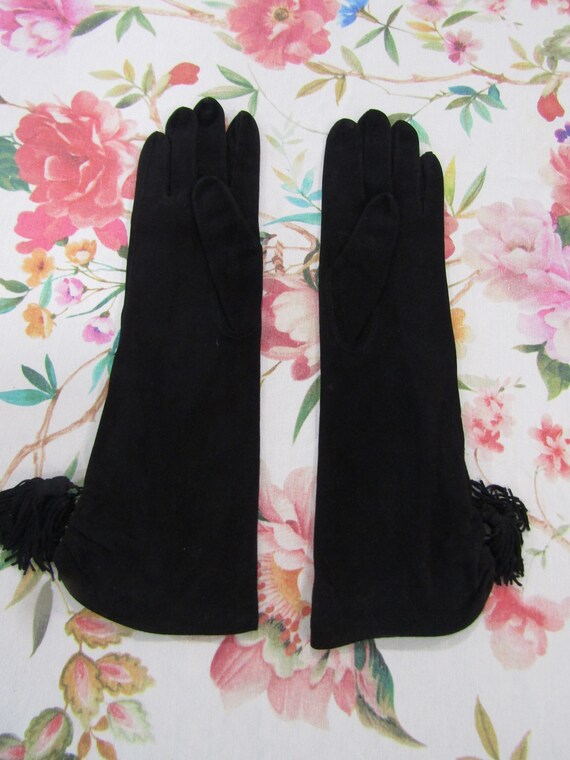 Vintage Black Kid Suede Leather Evening Gloves wi… - image 4
