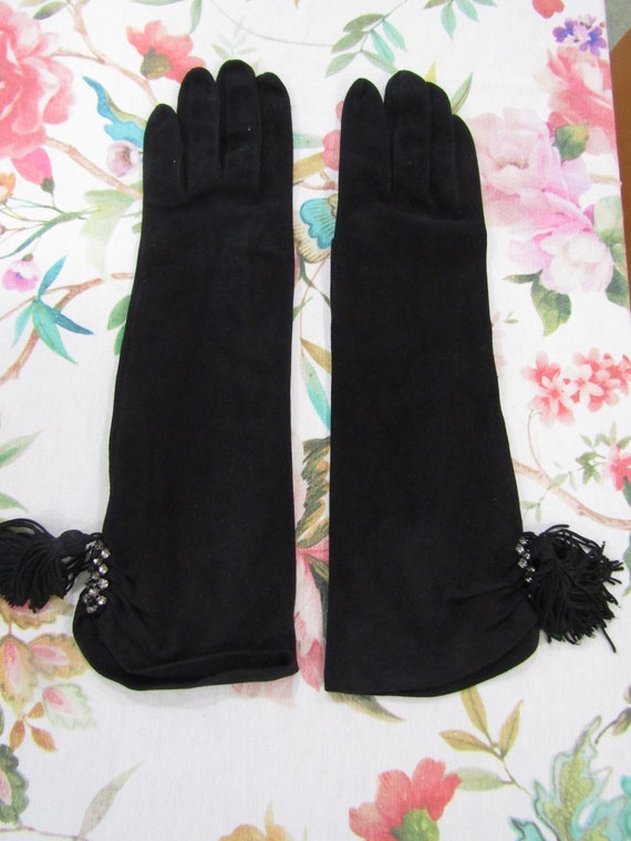 Vintage Black Kid Suede Leather Evening Gloves wi… - image 1