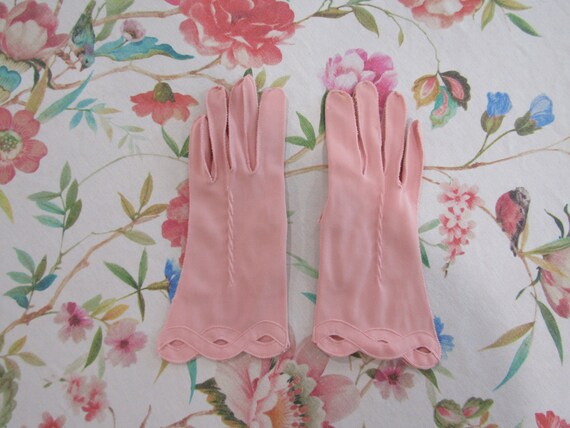 Vintage Baby Pink Nylon Gloves with Cutouts---9.5… - image 1