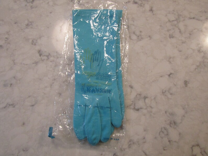 Vintage NOS New Unworn Dead Stock Turquoise Blue Nylon Gloves---10 long--Size 6 12 to 7 Glove Auction 543--1219