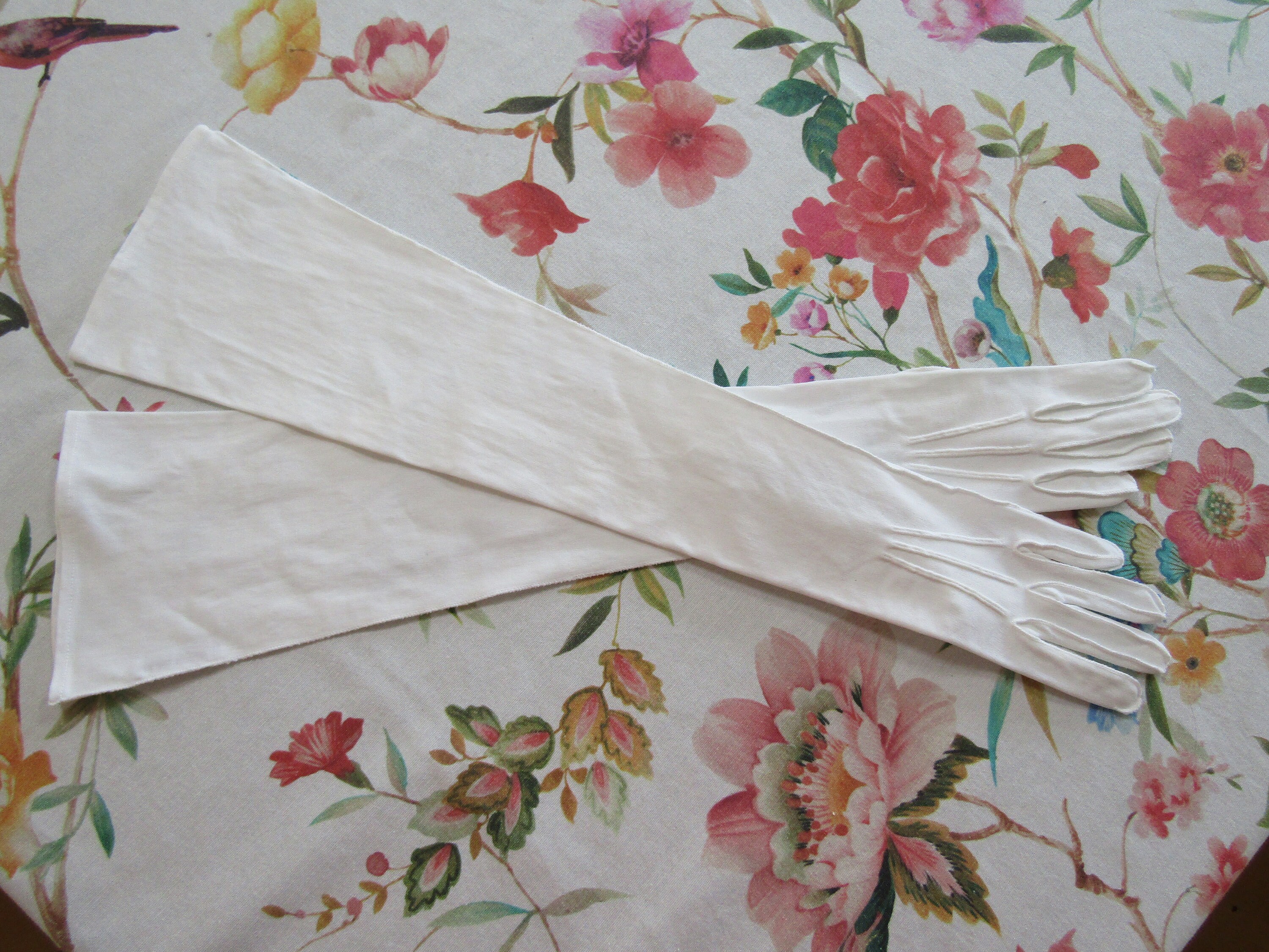 Vintage NEYRET FRANCE Opera Gloves: White Cotton Mousquetaire, Rhinestone Buttons, Size 6 1/2