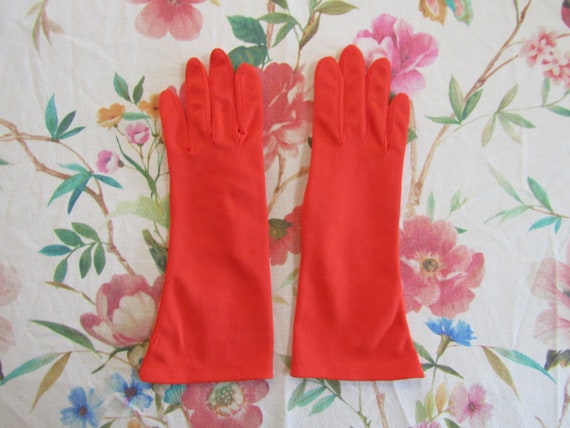 Vintage Bright Vibrant Orange Nylon Gloves----10.… - image 1