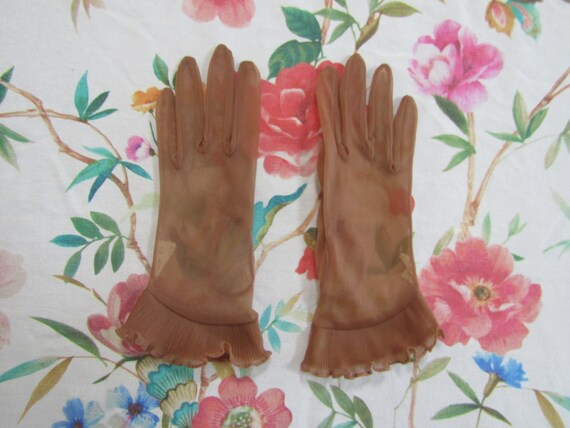 Vintage Sheer Cocoa Brown Chiffon Gloves with Acc… - image 1