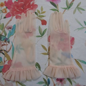 Vintage Sheer Blush Pink Chiffon Gloves with Ruffles---9&quot; long----Size 6 1/2 --Glove Auction #271---0421