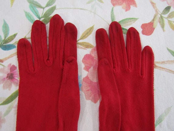 Vintage 1940's Deep True Red Rayon Gloves--10" Br… - image 2