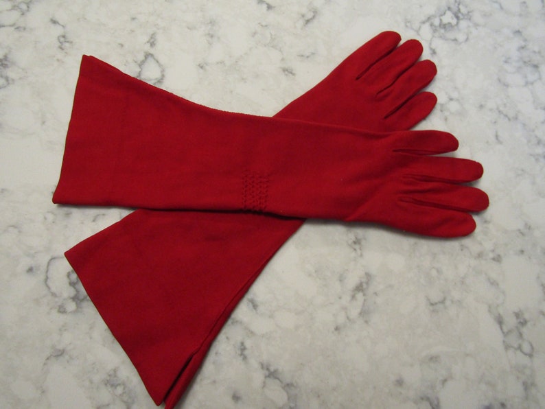 Vintage True Red Cotton Evening Gauntlet Gloves--13quot; Elbow