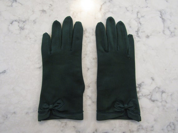 Vintage Deep Emerald Green Nylon Gloves with " Bo… - image 1