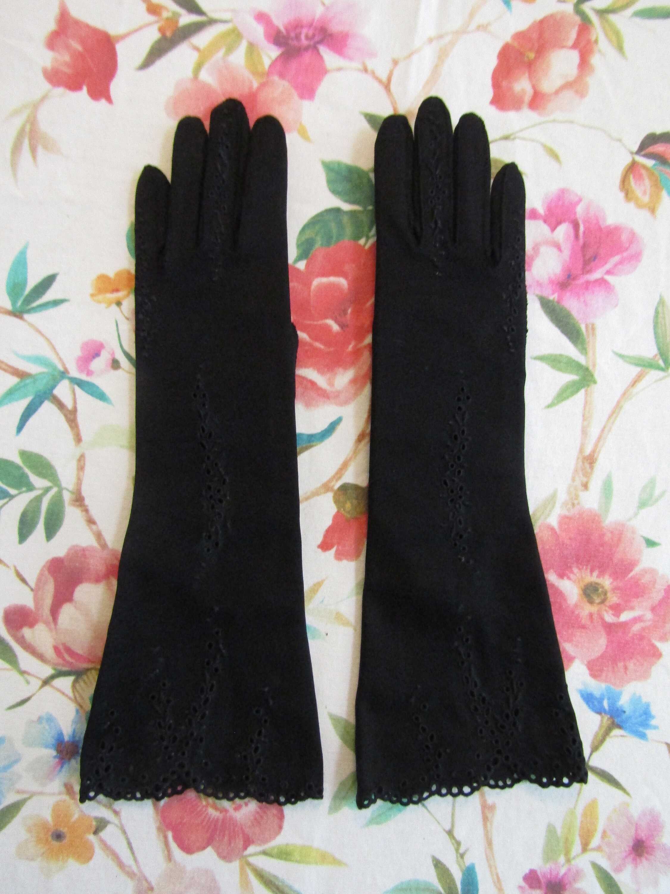 Vintage Black Cotton Evening Gloves with Eyelet Lace Cutouts & Embroidery-14" Elbow Length-Size 6--Auction #1743--1022