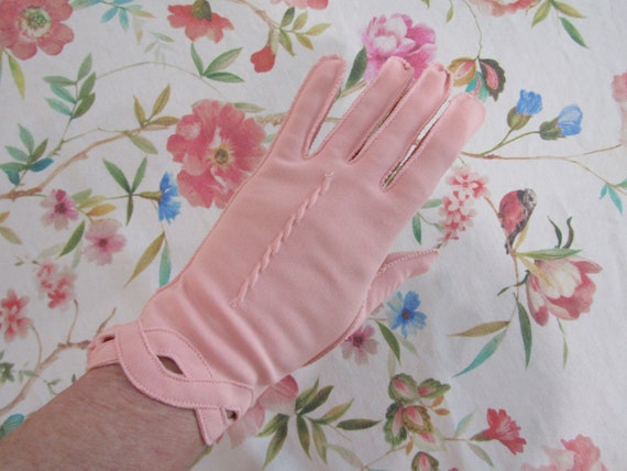 Vintage Baby Pink Nylon Gloves with Cutouts---9.5… - image 2