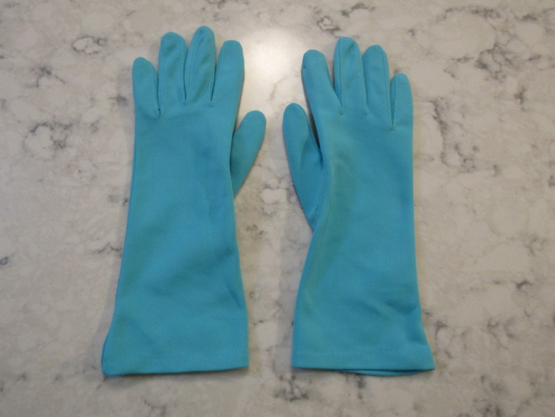 Vintage NOS New Unworn Dead Stock Turquoise Blue Nylon Gloves---10 long--Size 6 12 to 7 Glove Auction 543--1219
