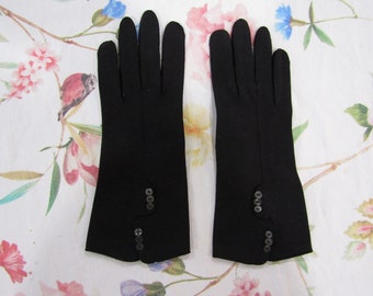 Vintage New NOS Dead Stock Black Nylon Evening Opera Gloves with Buttons --10" Bracelet Length   Size 7 1/2 --Auction #3577--0424