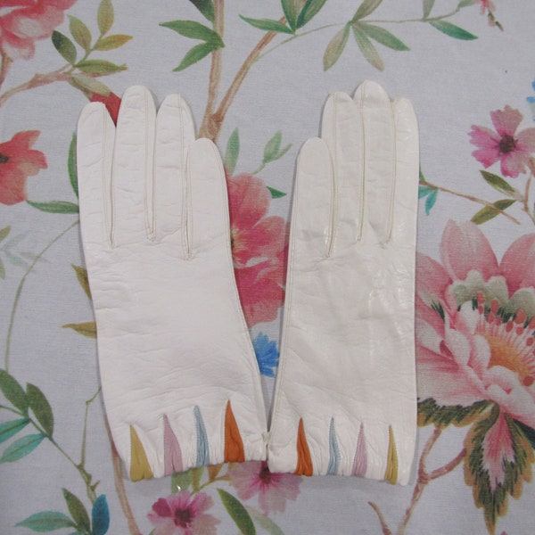 Vintage New NOS Dead Stock White French Kid Leather Gloves with Colored Wrist Inserts---7.5" Wrist Length---Size 6 1/2--Auction #2957--0623