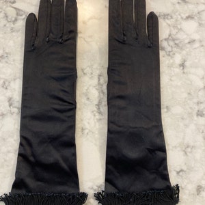 Vintage NEYRET Black Matte Stretch Satin Evening Gloves with Fringe----12&quot; Bracelet Length--- Size 6 1/2--Glove Auction # 3288--1223