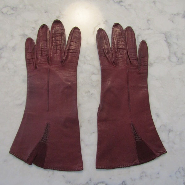 vintage Deep Burgundy Wine Kid Leather Gloves--9.5 » Bracelet Length-Size 6 1/2 to 7 Glove Auction #217--0321