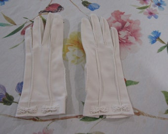 Vintage White Nylon Evening Gloves with Beaded "Bows"----8" Bracelet Length---Size 6-----Glove Auction #3579--0424