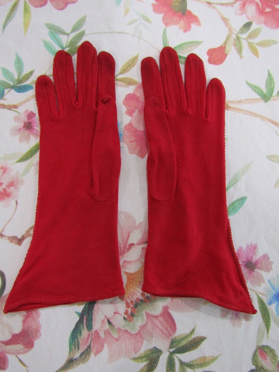 Vintage 1940's Deep True Red Rayon Gloves--10" Br… - image 3