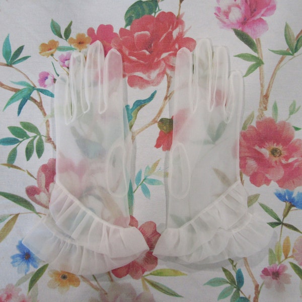 Vintage Sheer White Chiffon Gloves with Double Ruffles-- 10" Bracelet Length---Size 6 1/2  -Glove Auction #3169--0923