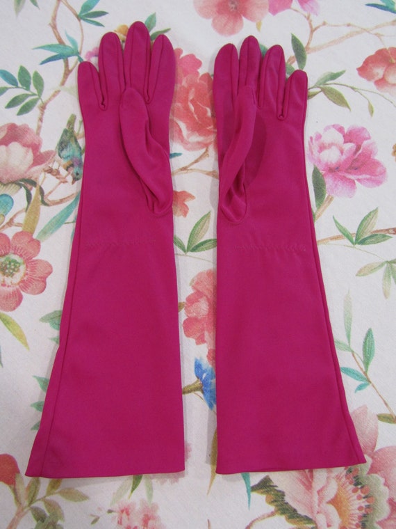 Vintage Fuchia Pink Purple Nylon Evening Gloves--… - image 2