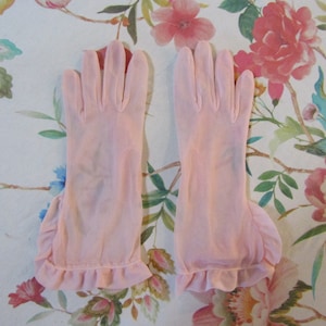 Vintage Sheer Blush Pink Tulle/Mesh Gloves with Squared Cuffs & Ruffles-- 11" Bracelet Length------Size 7 1/2------Glove Auction #2334--0223