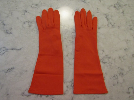 Vintage Bright Orange Nylon Elbow Gloves----12"--… - image 2