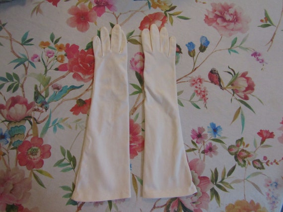 Vintage STRETCHIES White Nylon Gloves---15" Elbow… - image 1
