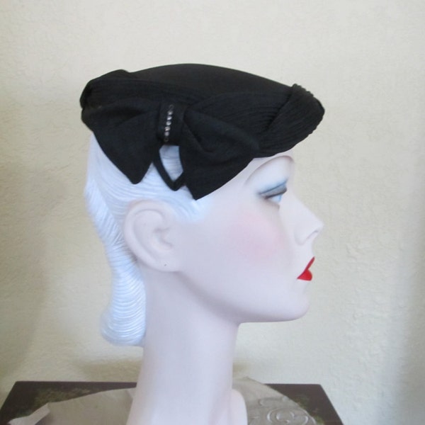 Vintage * Black Cocktail Dinner Evening Church Toque Close Hat with Bows and Rhinestones--0818--00022--RESERVE FOR JULIA