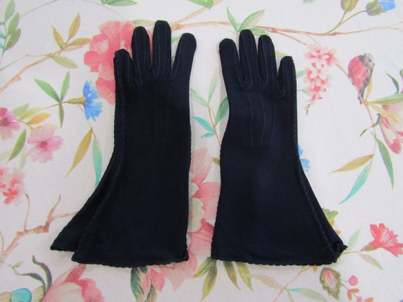 Vintage 1940's Navy Blue Rayon Gauntlet Gloves---… - image 1