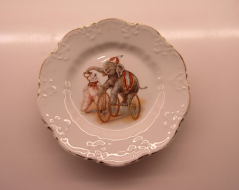 Small Antique Plate with Circus Motif--Clown & Elephant on a Bicycle