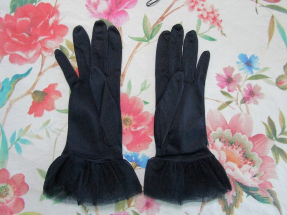 Vintage Black Nylon 10" Evening Gloves with Sheer… - image 3