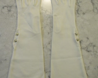Vintage White Nylon Wedding Bridal Gloves with Side Pearl Buttons---13"----Size 6 1/2--Glove Auction #1078--1221