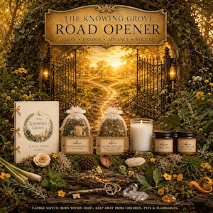 May include: A ritual kit featuring a booklet titled The Knowing Grove Road Opener, two mesh bags labeled Sacred Gatherings and Sacred Scatter, a white pillar candle, two jars labeled Veil Oil and Hedgewater, and a metal key on a wooden surface.