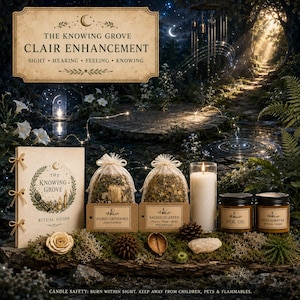 May include: A ritual kit featuring a beige guide book titled The Knowing Grove, two clear pouches of dried herbs labeled Sacred Gatherings and Sacred Scatter, a white pillar candle, and two amber jars labeled Veil Oil and Hedgewater Ritual Wash.