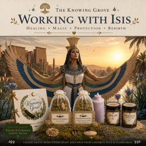 May include: A ritual set featuring a guide titled The Knowing Grove, two pouches labeled Sacred Gatherings and Sacred Scatter, a pink pillar candle, and two jars labeled Veil Oil and Hedgewater. The background depicts an Egyptian deity with wings.