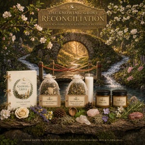 May include: A ritual kit featuring a book titled The Knowing Grove Reconciliation, two clear pouches labeled Sacred Gatherings and Sacred Scatter, a white pillar candle, and two jars labeled Veil Oil and Hedgewater Ritual Wash, all arranged with flowers.