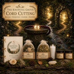 May include: A ritual kit featuring a book titled The Knowing Grove Ritual Guide, two mesh bags of dried herbs labeled Sacred Gatherings and Sacred Scatter, a white pillar candle, and two jars labeled Veil Oil and Hedgewater Ritual Wash.