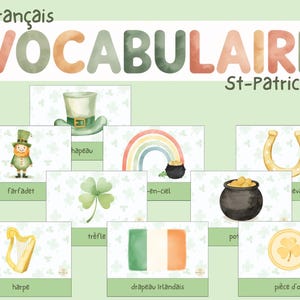 Puede incluir: Un conjunto de tarjetas didácticas de vocabulario en francés con temática del Día de San Patricio. Las tarjetas presentan ilustraciones de acuarela de un duende, un arpa, un sombrero, un trébol, un arcoíris, una olla de oro, una herradura, una bandera irlandesa y una moneda de oro.